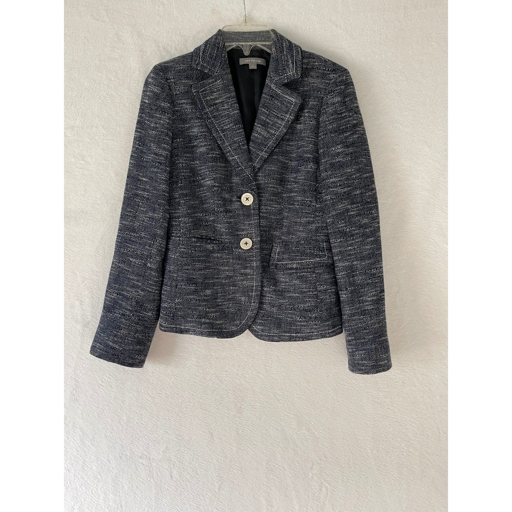 Ann Taylor Navy Blue White Tweed Textured Two Button Blazer Jacket Size 2
